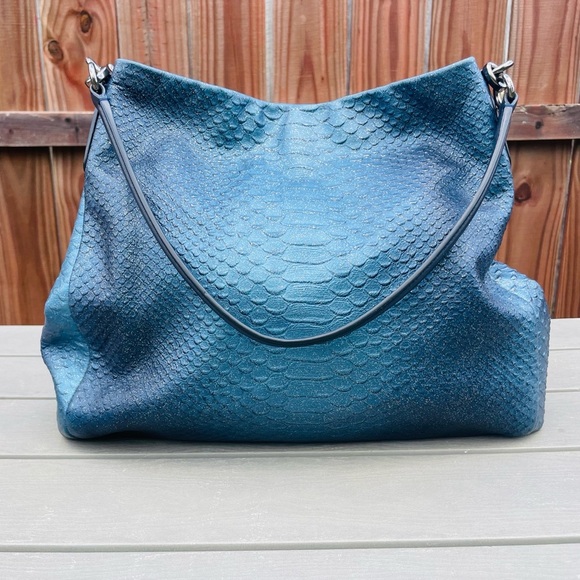 Coach Handbags - Coach Navy Blue Iridescent Python Embossed Leather Tote F36627